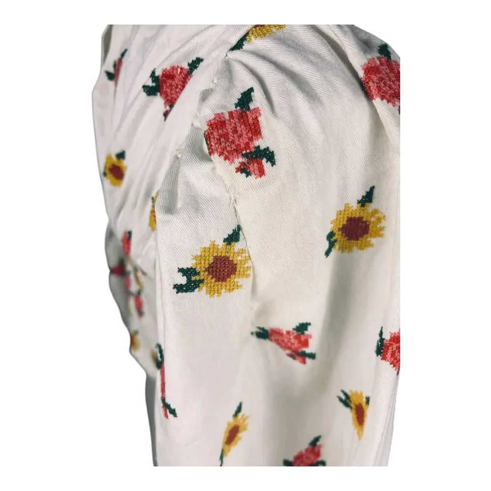 Farm Rio Mixed Cross Stitch Flowers Embroidered Crop Top Puff Sleeve Bow M NWT
